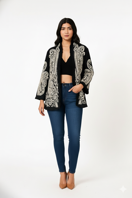 Black Embroidered Open Front Jacket for Women – Elegant Boho Chic Layer | Natural Fab