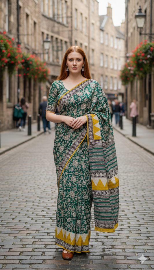 Teal Green & Mustard Cotton Malmal Hand Block Print Saree with Blouse – 5.5m Saree + 80cm Blouse Piece | Soft Lightweight Traditional Saree for Women