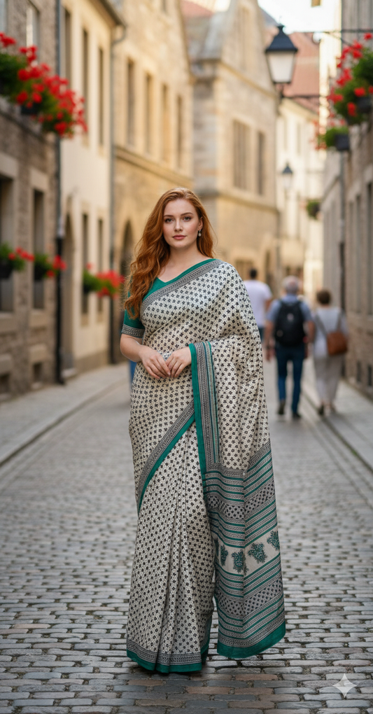 Off White & Green Cotton Malmal Hand Block Print Saree with Blouse – 5.5m Saree + 80cm Blouse Piece | Soft Lightweight Ethnic Saree for Women