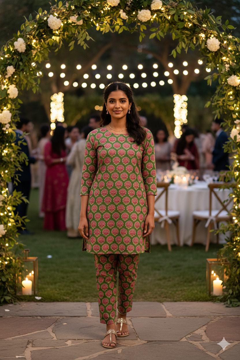 Green and Pink Handblock Printed Cotton Everyday Set for Women – Comfortable Kurta & Pant | Natural Fab