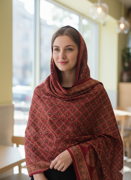 Luxury Ajrakh Gaji Silk Stole in Deep Red | Handcrafted Traditional Design