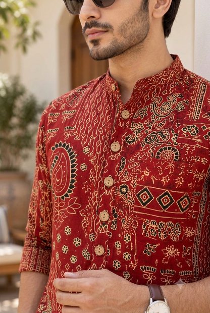 Natural Fab Men’s Red Printed Short Kurta with Mandarin Collar & Paisley Floral Ethnic Motifs