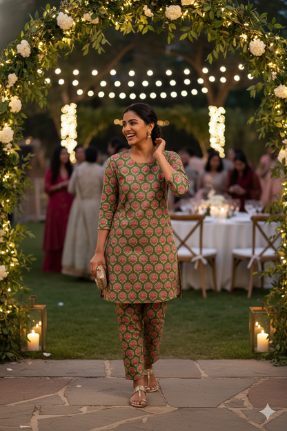 Green and Pink Handblock Printed Cotton Everyday Set for Women – Comfortable Kurta & Pant | Natural Fab