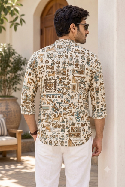 Natural Fab Men’s Cream Printed Short Kurta with Mandarin Collar, Animal & Floral Motifs