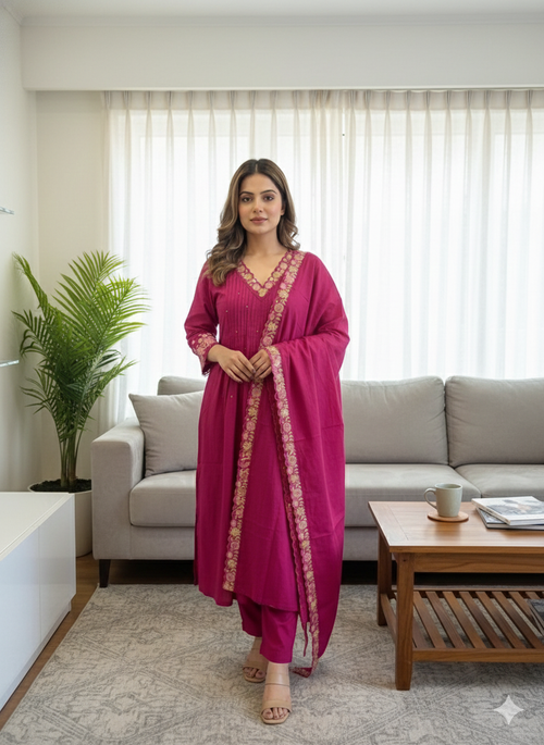 Women’s Pink Embroidered Kurti Pant Dupatta Set | Festive & Party Wear 3-Piece Suit Set