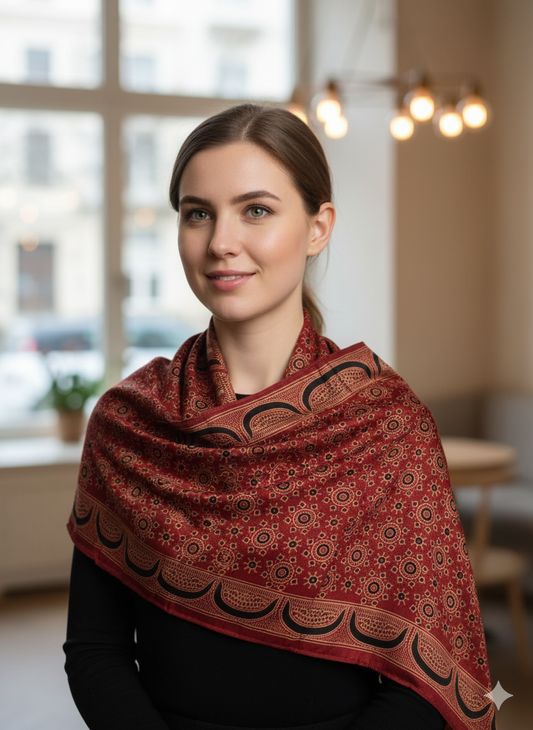 Red Ajrakh Gaji Silk Stole with Circular & Crescent Motifs | Handcrafted Block Print