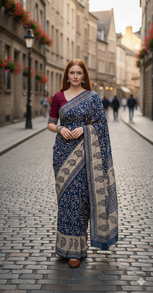 Navy Blue & Beige Cotton Malmal Hand Block Print Saree with Blouse – 5.5m Saree + 80cm Blouse Piece | Soft Lightweight Traditional Saree for Women