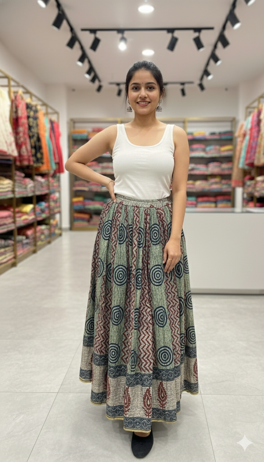 Green and Maroon Handblock Printed Cotton Skirt for Women – Long Flared Ethnic Skirt with Tribal Motifs and Golden Border