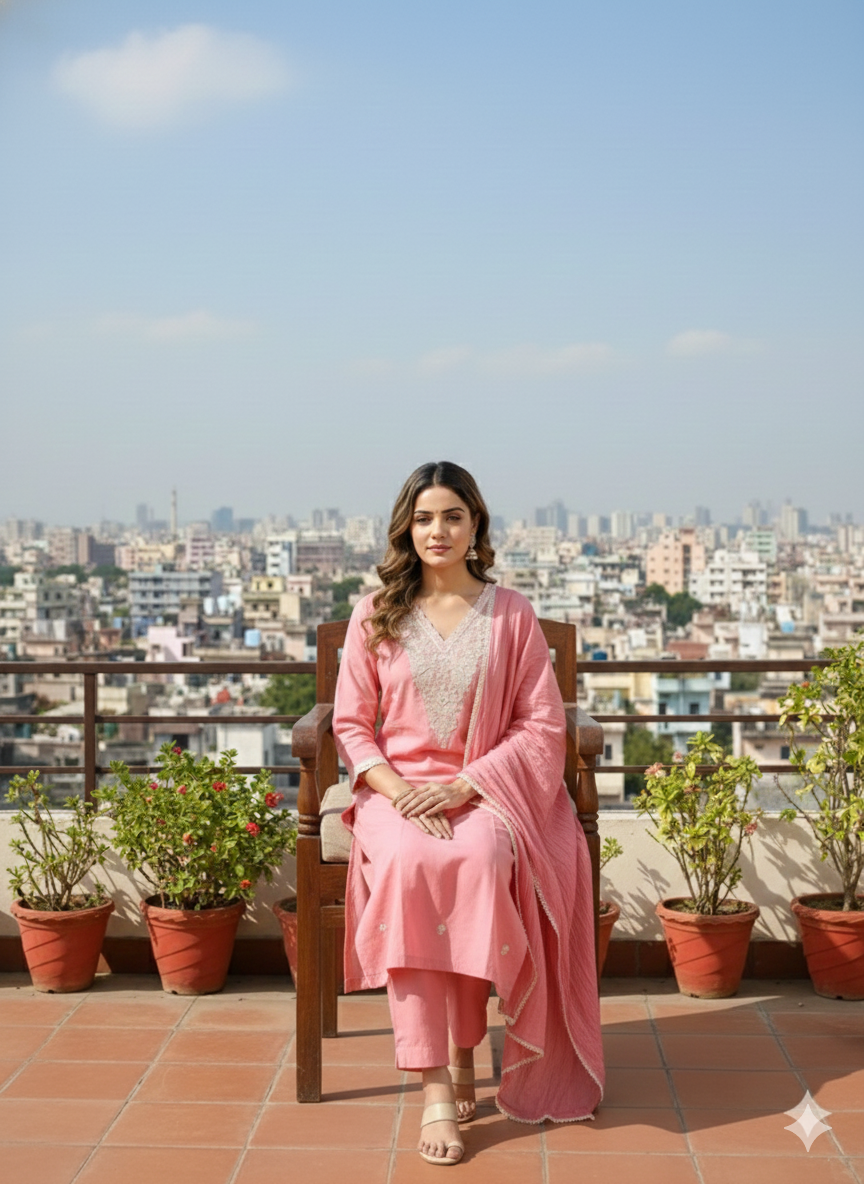 Women’s Pastel Pink Embroidered Kurti Pant Dupatta Set | Elegant Festive & Ethnic Wear Suit Set