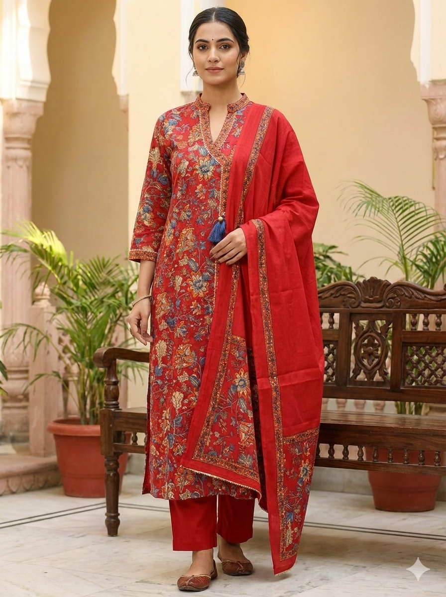 Women’s Red Cotton Printed Kurti Pant Dupatta Set | Traditional Floral Suit Set for Festive & Ethnic Wear