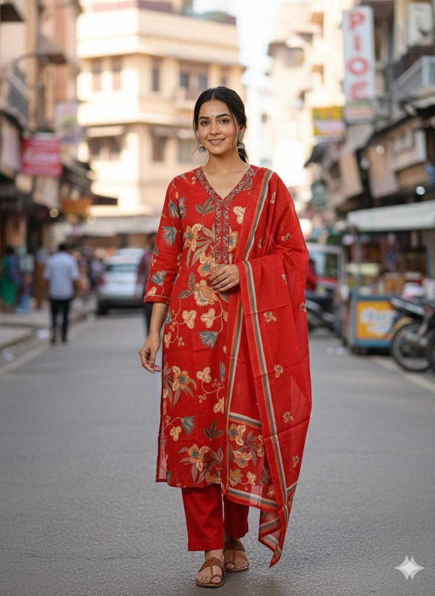 Women’s Red Floral Printed Cotton Kurti Pant Dupatta Set | Ethnic 3-Piece Suit for Festive & Everyday Wear