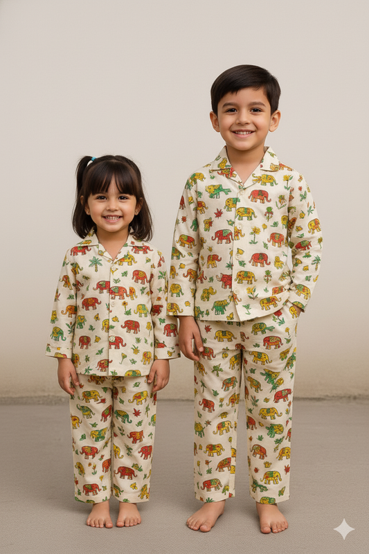 Kids’ Cotton Co-Ord Set with Elephant Print – Comfortable Nightwear & Loungewear for Boys and Girls