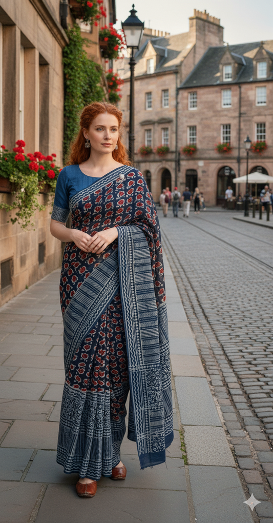 Navy Blue Cotton Malmal Hand Block Print Saree with Blouse – 5.5m Saree & 80cm Blouse Piece | Soft Lightweight Traditional Saree for Women