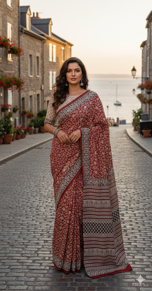 Rust Red & Black Cotton Malmal Hand Block Print Saree with Blouse – 5.5m Saree + 80cm Blouse Piece | Soft Lightweight Traditional Saree for Women
