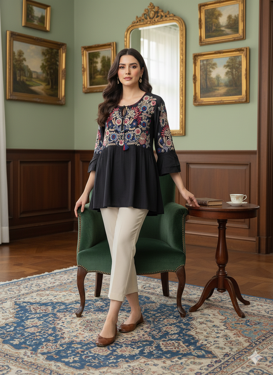 Black Cotton Hand-Embroidered Top for Women – Boho Floral Tunic with 3/4 Bell Sleeves