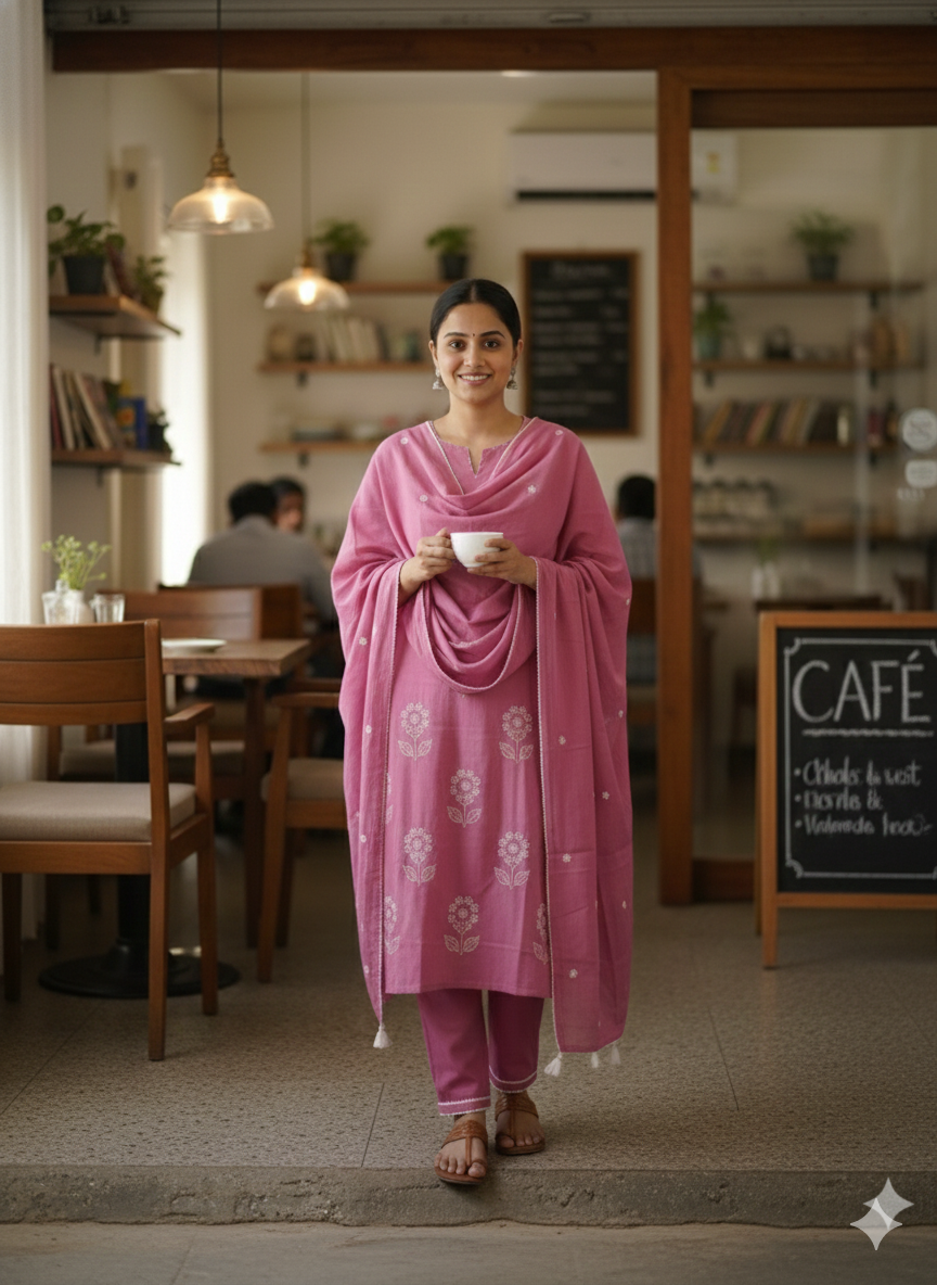 Women’s Pink Cotton Embroidered Kurti Pant Dupatta Set | Soft Summer Ethnic Suit Set