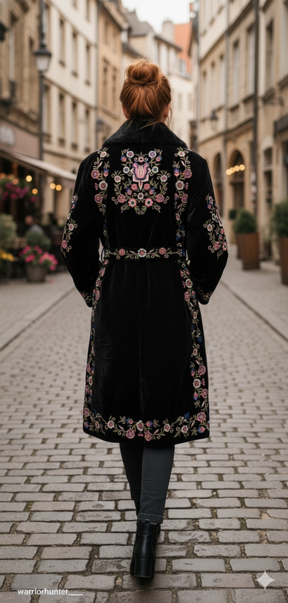Black Velvet Embroidered Long Jacket for Women – Winter Floral Coat with Belted Waist and Faux Fur Collar
