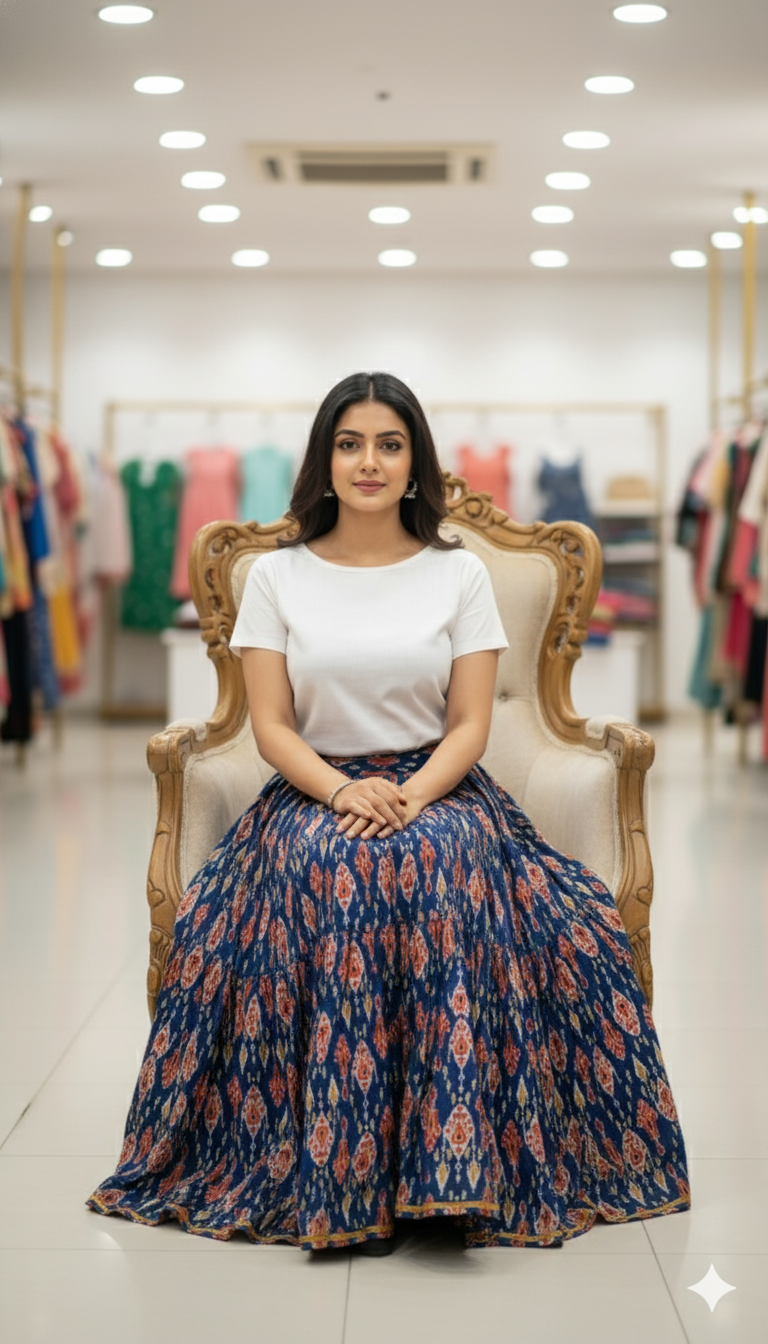 Blue Handblock Printed Cotton Long Skirt for Women – Traditional Flared Ethnic Skirt with Ikat Motifs