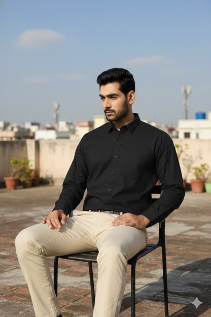 Men’s Solid Black Cotton Shirt | Premium Classic Formal Shirt | Natural Fab