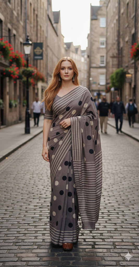Elegant Grey Cotton Malmal Hand Block Print Saree with Polka Dots & Stripes – 5.5m Saree with 80cm Blouse Piece | Soft Lightweight Saree for Women