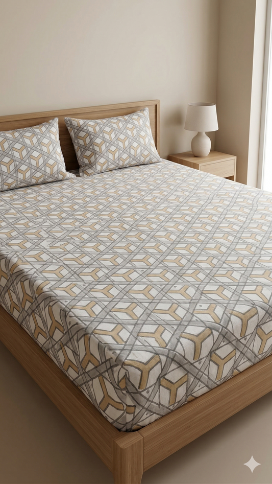 Pure Cotton Handblock Printed Double Bedsheet 108x108 Inches with 2 Pillow Covers – King Size Soft Breathable Geometric Bed Sheet