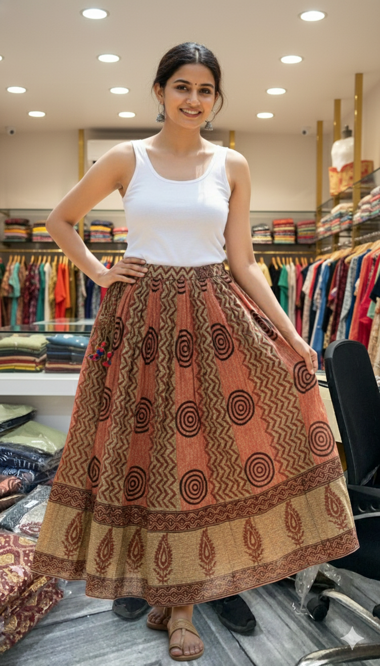 Rust Brown Handblock Printed Cotton Skirt for Women – Ethnic Long Flared Skirt with Tribal Motifs and Golden Border