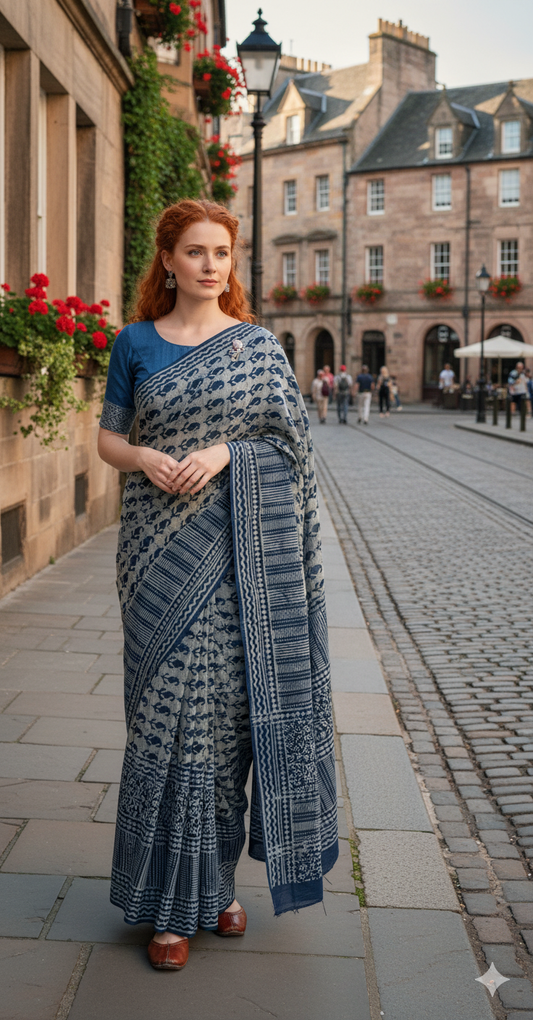 Pure Cotton Malmal Hand Block Print Saree with Blouse Piece – 5.5m Saree + 80cm Blouse Fabric | Lightweight & Breathable Traditional Saree for Women
