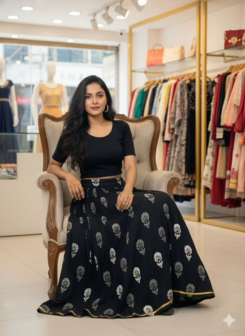 Black Handblock Printed Cotton Flared Skirt for Women – Ethnic Long Skirt with Silver Motifs & Tassel Detailing3