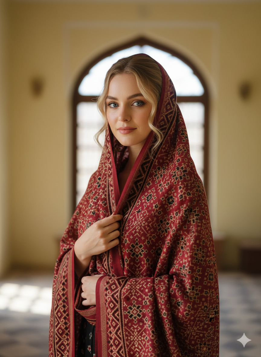Red Ajrakh Gaji Silk Stole with Geometric Floral Motifs | Handcrafted Block Print