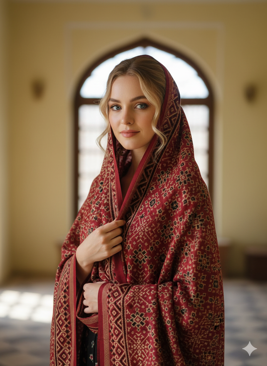 Red Ajrakh Gaji Silk Stole with Geometric Floral Motifs | Handcrafted Block Print