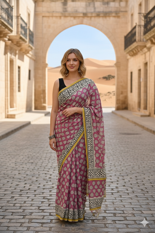 Pink Cotton Hand Block Print Saree with Blouse – 5.5m Saree + 80cm Blouse Piece | Soft Lightweight Traditional Saree for Women
