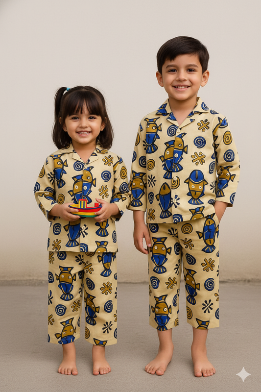 Kids’ Cotton Co-Ord Set with Blue Fish Print – Comfortable Nightwear & Loungewear for Boys and Girls