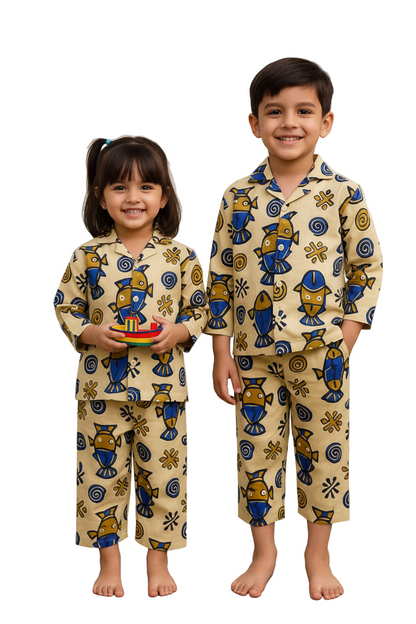 Kids’ Cotton Co-Ord Set with Blue Fish Print – Comfortable Nightwear & Loungewear for Boys and Girls