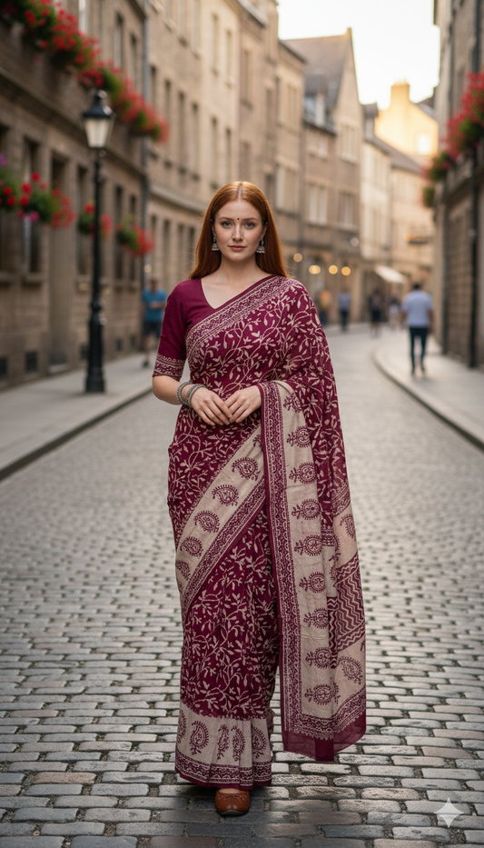 Maroon & Beige Cotton Malmal Hand Block Print Saree with Blouse – 5.5m Saree + 80cm Blouse Piece | Soft Lightweight Traditional Saree for Women