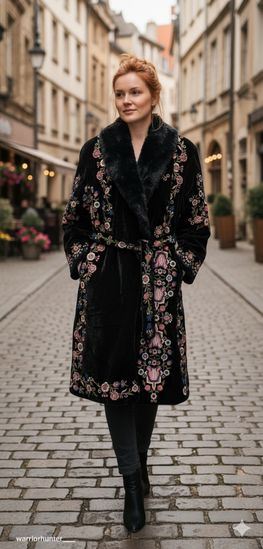 Black Velvet Embroidered Long Jacket for Women – Winter Floral Coat with Belted Waist and Faux Fur Collar