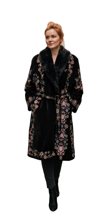 Black Velvet Embroidered Long Jacket for Women – Winter Floral Coat with Belted Waist and Faux Fur Collar