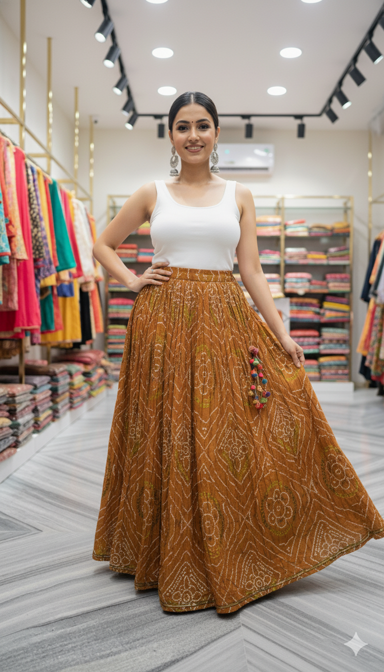 Rust Brown Bandhani Handblock Printed Cotton Skirt for Women – Long Flared Ethnic Skirt with Tassel Detailing