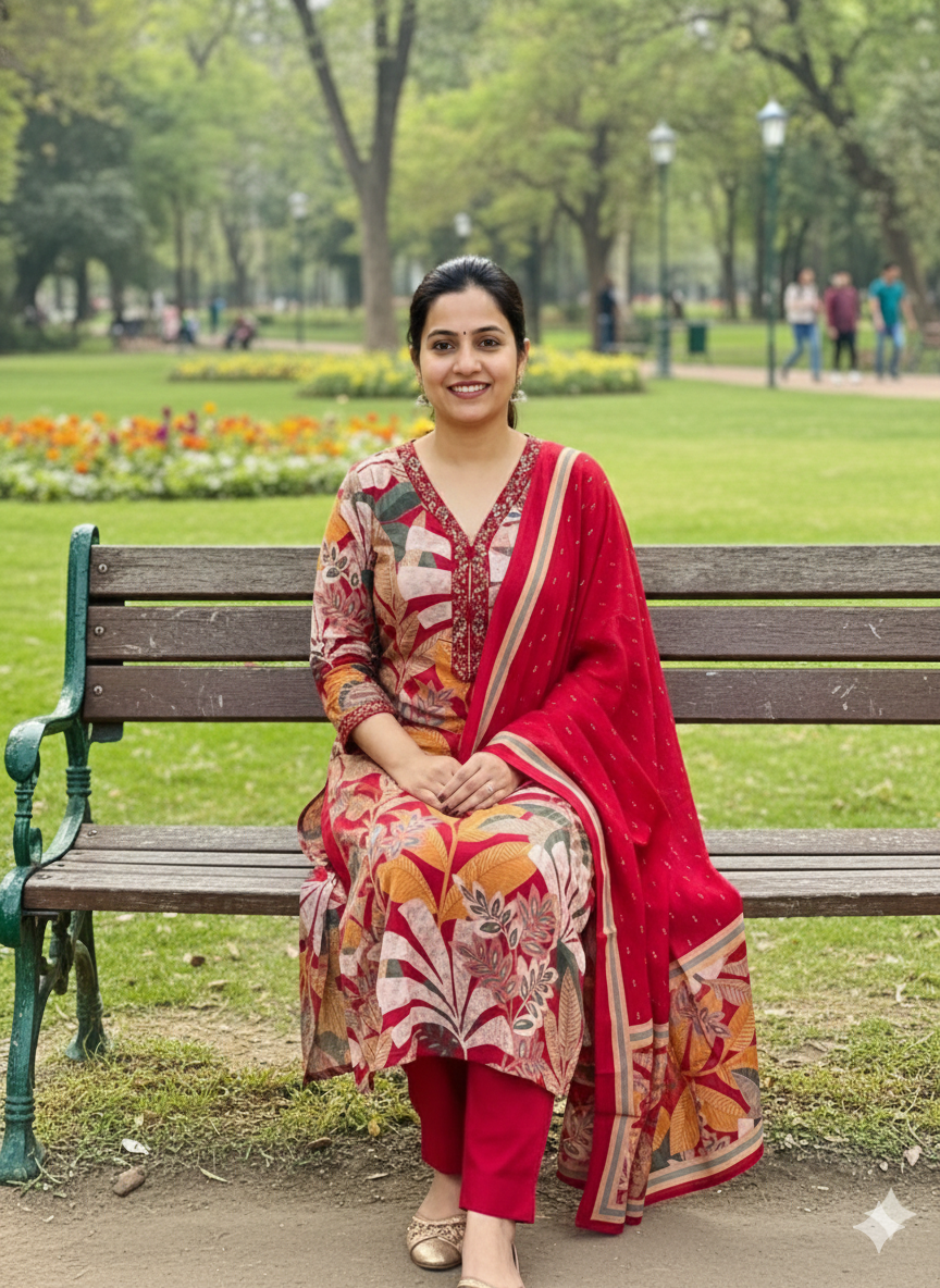 Women’s Red Maslin Printed Kurti Pant Dupatta Set | Premium Soft Maslin 3-Piece Suit for Festive & Elegant Wear