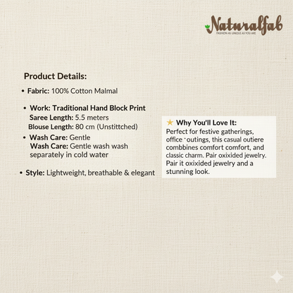 Yellow & Blue Cotton Malmal Hand Block Print Saree with Blouse – 5.5m Saree + 80cm Blouse Piece | Soft Lightweight Traditional Saree for Women