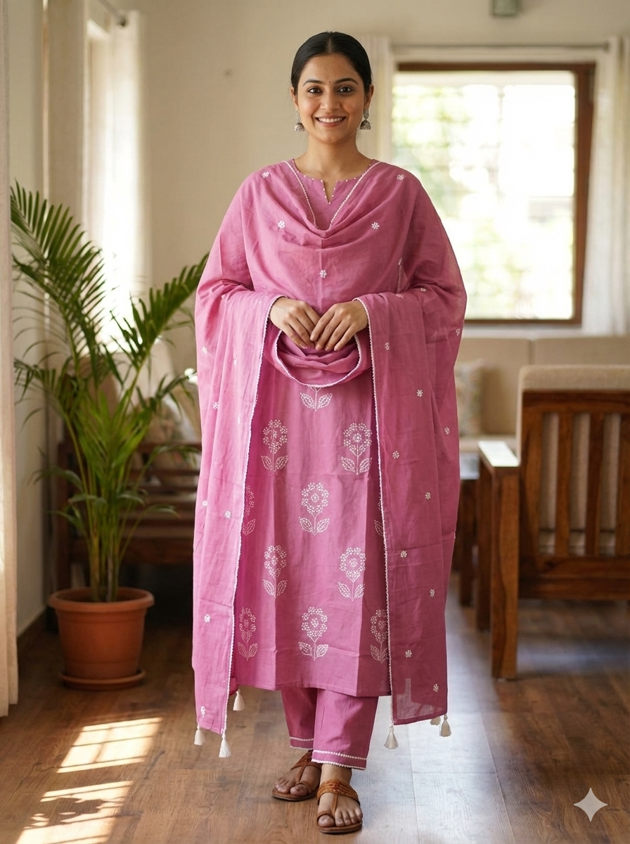 Women’s Pink Cotton Embroidered Kurti Pant Dupatta Set | Soft Summer Ethnic Suit Set