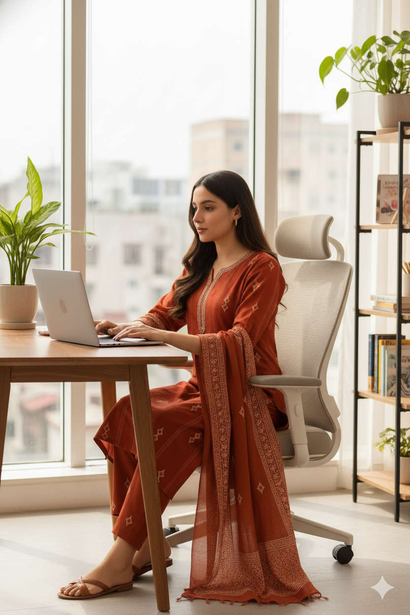 Rust Handblock Printed Cotton Kurti Set for Women with Dupatta – Elegant Ethnic 3-Piece Set