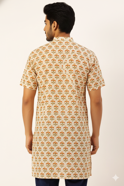 Natural Fab Men’s Cotton Handblock Printed Knee-Length Kurta – Beige & Rust Floral Print, Short Sleeve Casual Ethnic Wear