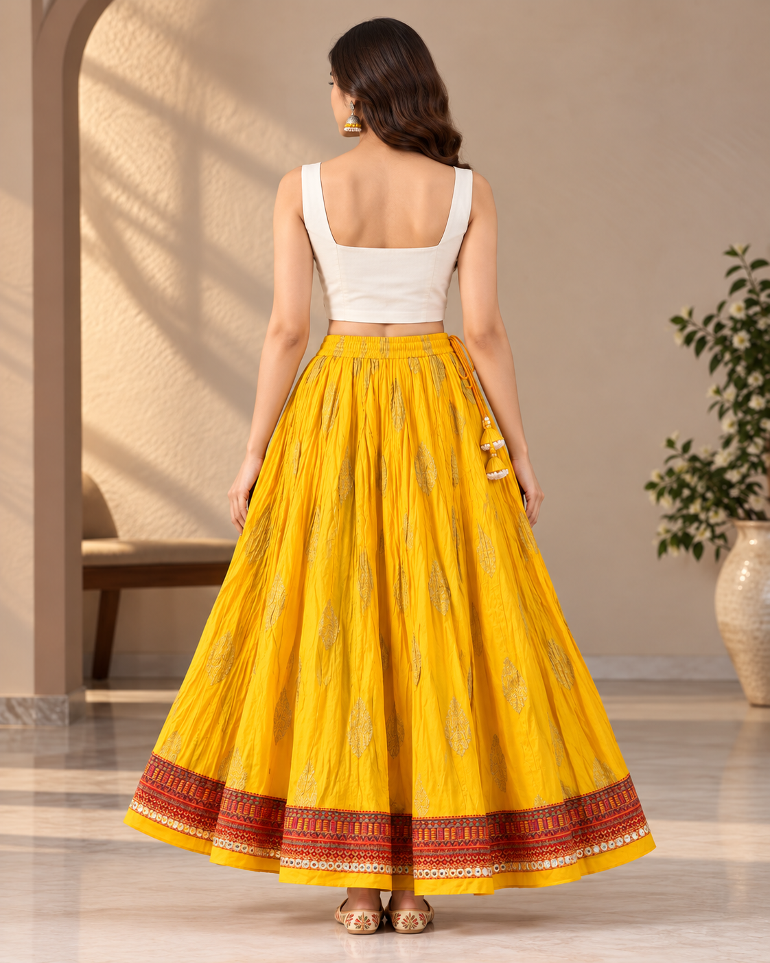 Women's Mustard Yellow Ottoman Cotton Flared Maxi Skirt with Ethnic Print & Tassels