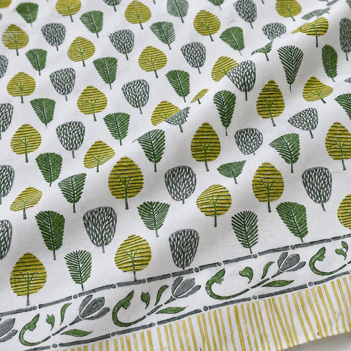 Hand Block Printed Cotton Double Bedsheet – White with Green & Mustard Yellow Leaf Print | 100 x 108 Inches