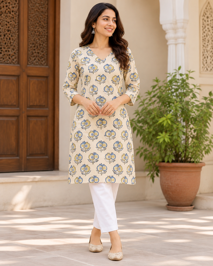Women’s Hand Block Printed Knee-Length Kurti with Pockets | Beige Floral V-Neck Kurta