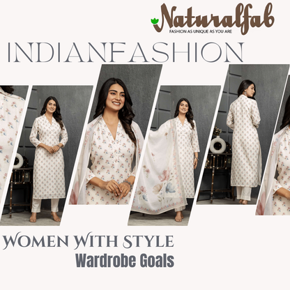 Linen Blossom Kurti Pant Dupatta Set | Natural Fab | Premium Linen Ethnic Wear for Women