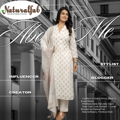 Linen Blossom Kurti Pant Dupatta Set | Natural Fab | Premium Linen Ethnic Wear for Women