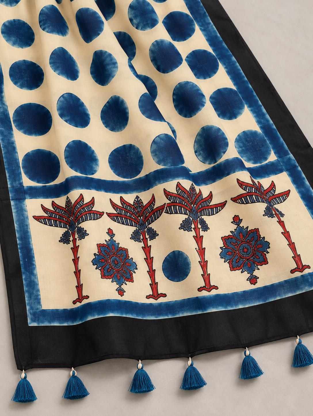 Women's Beige & Indigo Blue Ajrakh Inspired Printed Modal Silk Stole with Polka Dots, Floral Border & Tassels