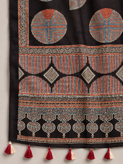 Women's Black Ajrakh Printed Modal Silk Stole with Traditional Motifs, Decorative Border & Tassels