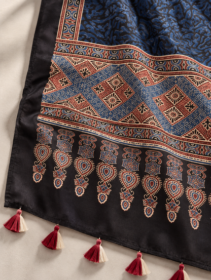 Women's Navy Blue Ajrakh Inspired Printed Modal Silk Stole with Ethnic Border & Tassels